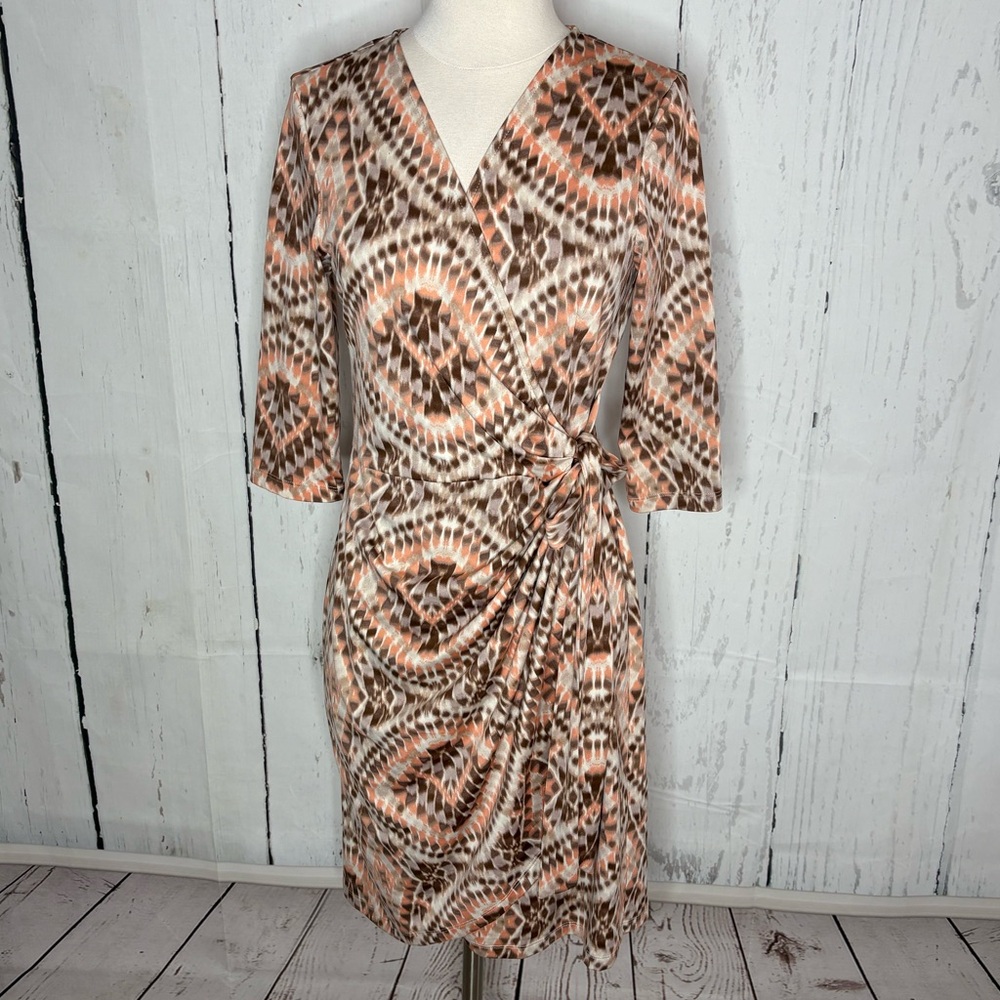 Elegant Brown and Orange Patterned Wrap Dress